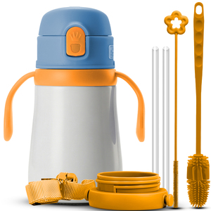 Botella de agua aislada para niños de 12oz con asas de tapa de paja y correa termo a prueba de fugas de acero inoxidable SUS316 - Product Image 1