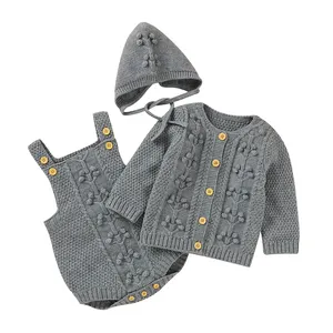 Niedrigen MOQ Mode Neue Geboren Baby Mädchen Kleidung Sets Kleidung Kinder 12 Monate 3 Stück Set Strickjacken Strampler und Hüte