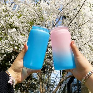 Reusable 16oz Unbreakable Spring Sakura Color Plastic Glass Can Shape Acrylic Soda Beer Can with clear Lid Straw for for UV Wrap - Product Image 1
