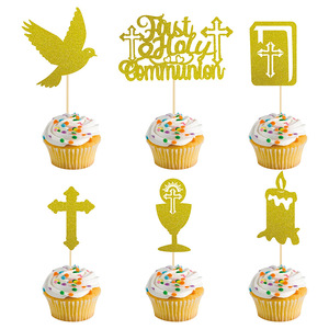 Kit de décoration de cupcake en papier pailleté doré Décoration de gâteau de baptême de première communion - Product Image 3