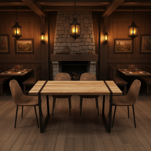 Table à manger moderne de 59 pouces en MDF, bois naturel, base rectangulaire en métal noir, chaise en daim, modèle en bois médiéval, 4 pièces, restaurants - Product Image 2