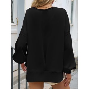 Fisoew Sudadera extragrande para mujer, jersey largo con mangas abullonadas, top negro con cuello redondo y bolsillos, ropa de otoño - Product Image 5