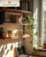 Escritorio Flotante de Madera Maciza con Borde Natural |   Estación de Trabajo para Computadora de Estilo Wabi-Sabi, Montada en la Pared, con Estantes Integrados, para Oficina en Casa