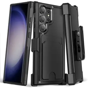 Casing ponsel Armor gaya baru 2024 dengan tempat kartu dan sarung klip sabuk untuk Samsung S23 Ultra untuk iPhone 14 Pro Max