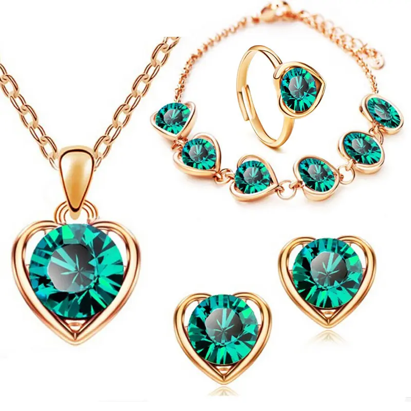 Women crystal heart shape necklace bracelet earring ring 4pcs jewelry set wholesale purple red blue green necklace jewelry