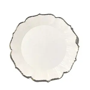 Imitações cerâmicas carregadores plásticos brancos da borda do ouro da placa acrílica do hotel do casamento para pratos do jantar