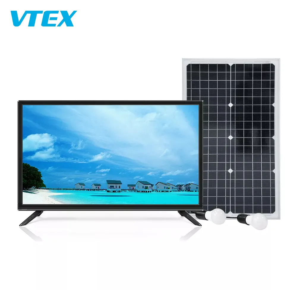Téléviseurs solaires rechargeables VTEX de qualité A avec panneau solaire 32 pouces, ensemble TV à énergie solaire
