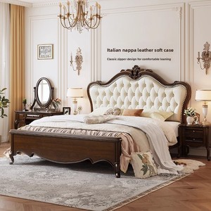 American-style Solid Mahogany Wood Vintage Country-style 1800mm Double Platform Storage Bed Upholstered Headboard Walnut-colored - Product Image 4