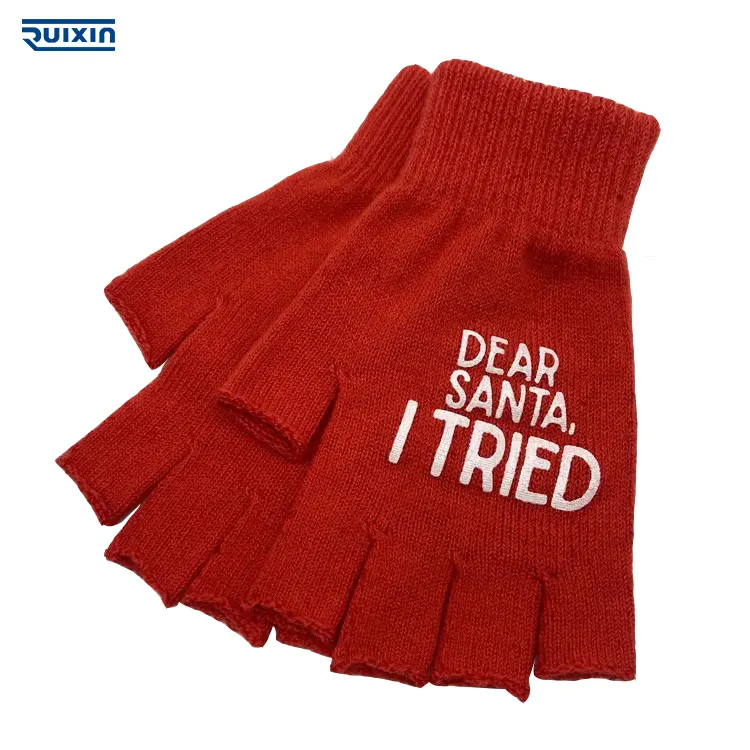 Fashion Promotional gift Unisex printed logo acrylic half finger knitted gloves fingerless knitted gloves