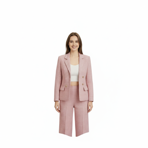 Tc322r Conjunto de traje rosa a cuadros para mujer, corte regular, manga larga, cuello con muescas, estilo de oficina para mujer, ropa de primavera - Product Image 1