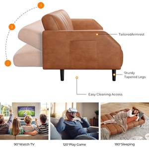 أريكة من الجلد الصناعي Futon قابلة للتحويل مع مسند ظهر قابل للتعديل في منتصف القرن <span class=keywords><strong>Loveseat</strong></span> مع - Product Image 3