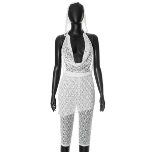 Set di <span class=keywords><strong>pantaloni</strong></span> in due pezzi in pizzo bianco elasticizzato Sexy con scollatura a V profonda senza schienale con cappuccio - Product Image 5