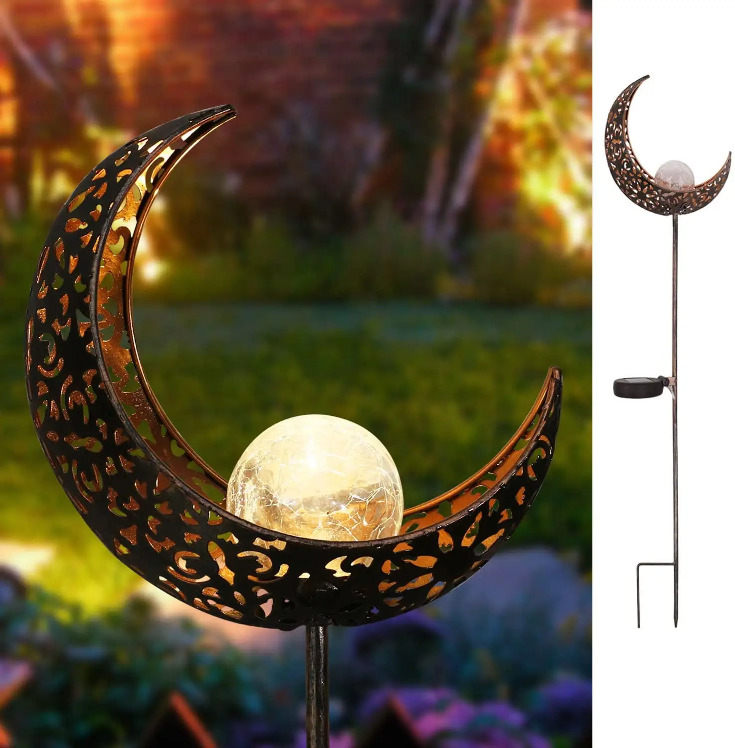 Garden Solar Lights Pathway Outdoor Moon Crackle Glass Globe Stake Metal Lights