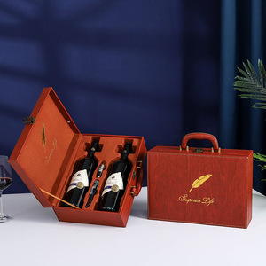 Sang trọng xách tay PU da và bao bì bằng gỗ hộp chất lượng cao đôi chai rượu vang Bộ quà tặng với biểu tượng tùy chỉnh hình dạng hình chữ nhật - Product Image 3