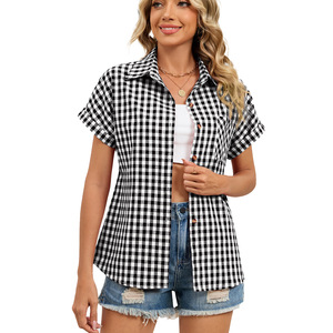 Camisa de mujer de verano 2026, informal, sencilla, a cuadros, con cuello y bolsillo, de manga corta, estilo temperamental para el día a día, con botones y microelástica. - Product Image 4