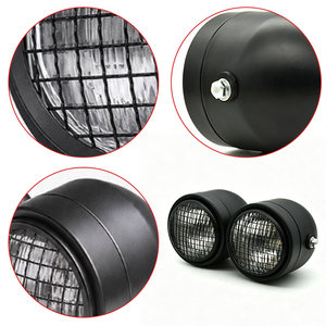 Faro delantero doble de malla redonda para motocicleta Harley Retro, carcasa negra, lente amarilla transparente con cubierta de rejilla - Product Image 4