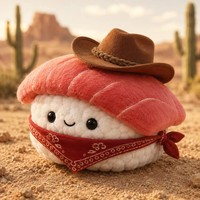 Peluche personnalisée OEM en forme de sushi de thon avec bandana de chapeau de cowboy western, mignonne poupée alimentaire en peluche, décoration, cadeau de collection