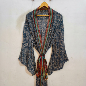 Floral Silk Saree Patchwork <b>Kimono</b> Robe Bikini <b>Cover</b> <b>Up</b> Night Wear Long Robe, Handmade Indian Vintage Recycled Silk Sari <b>Kimono</b>, - Product Image 1