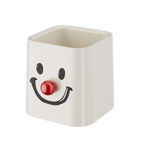 Cute Cartoon Pen Holder Square Cream Color Smiley Face Design For Desk Storage Student Office Use - Product Image 1