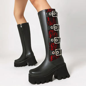 Metal Buckles Chunky Heels Women <b>Knee</b> <b>High</b> Boots Thick Sole Square Toe Long Booties Side Zipper Platform Lace Patchwork Shoes - Product Image 1