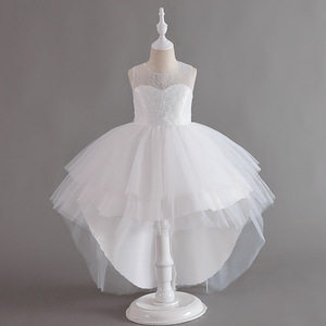 Girls Lace Tulle Ball Gown Dress Pink O-Neck High Low Hem Flower Girl Birthday Party Dress - Product Image 3
