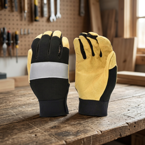 Gants de travail en cuir, bouts des doigts texturés, antidérapants, gants de sécurité polyvalents, épaisseur 4 mil, sans latex, noir jaune, droits - Product Image 2