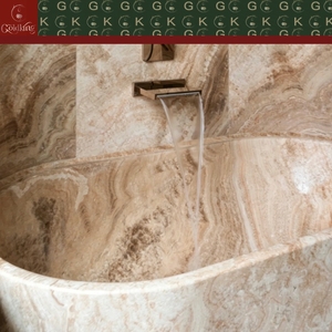 Baignoire ovale autoportante en onyx et marbre travertin GOLDKING, style moderne et minimaliste pour appartement, beige avec veines marron miel, OEM - Product Image 6