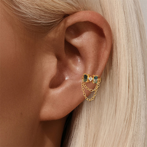 Boucle d'oreille manchette en argent sterling 925 plaqué or 18 carats avec agate verte mousse et franges de diamants, pierre naturelle élégante, clip d'oreille à dos plat, bijou - Product Image 4