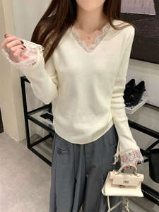 Maglione lavorato a <span class=keywords><strong>maglia</strong></span> a maniche lunghe con scollo a V e <span class=keywords><strong>pizzo</strong></span> da donna - Product Image 5