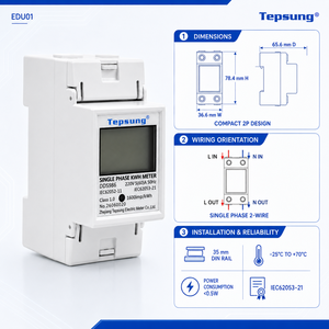 <span class=keywords><strong>Compteur</strong></span> d'énergie numérique monophasé à deux fils Tepsung EDU01 80A Classe 1.0 avec écran LCD, <span class=keywords><strong>compteur</strong></span> kWh 0-999999.9 kWh, rail DIN - Product Image 4