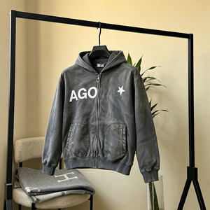 Sweat-shirt à capuche zippé gris délavé vintage pour homme, imprimé étoile AGO, coupe oversize, style streetwear décontracté, vêtements de sport - Product Image 1