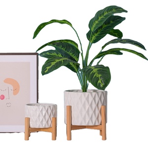 <span class=keywords><strong>Macetas</strong></span> de cerámica para jardín, maceta redonda para flores, maceta simple de porcelana con soporte de madera para sala de estar, estudio, dormitorio - Product Image 1