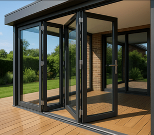Porte coulissante manuelle double à double battant insonorisée avec panneaux en verre. Se plie en plat, glisse en douceur, design moderne, finitions personnalisables - Product Image 1