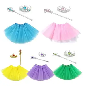 Princess Tulle Tutu Skirt Tiara Crown and Magic Wand Set for 3-8 Year Girls Birthday Halloween Party Dress Up Costume