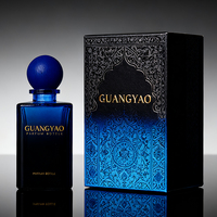 Flacon de parfum en verre bleu de luxe, design carré vide, 50 ml, 100 ml, avec couvercle en bois et emballage en boîte