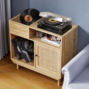 AJUNION Support de tourne-disque <span class=keywords><strong>vintage</strong></span> Table de rangement en bois pour disques vinyles avec porte en rotin - Product Image 4