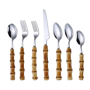 Ensemble de <span class=keywords><strong>couverts</strong></span> en bambou naturel 100% véritable, style vintage unique, poli miroir <span class=keywords><strong>argenté</strong></span> en acier inoxydable, retour à l'école - Product Image 6