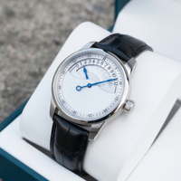 Relojes personalizados con logotipo, caja redonda de acero inoxidable de 42 mm, correa de cuero, hora retrograda, elegante reloj de lujo para hombre.