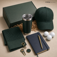 Ensemble de bienvenue personnalisé pour événement de golf avec casquette, gobelet, balles de golf, serviette, carnet de scores, emballage cadeau de marque
