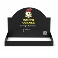 Expositor de mostrador negro personalizado para catering, bandeja de exhibición de papel impresa a todo color con logotipo para promoción de restaurantes de comida rápida