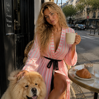 Nouvelle Robe de Chambre en Satin Rose à Rayures pour Femme 2026, Manches Longues, Douce et Légère, Peignoir Sexy, Vêtement de Nuit et de Détente, Pyjama Personnalisable avec Logo