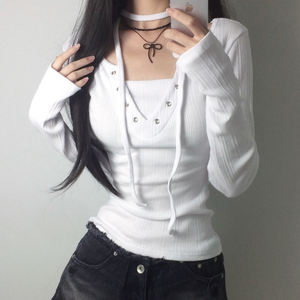 Blusa Casual de Manga Larga para Mujer, Color Sólido, Cuello en U, Diseño con Cordones y Ojales, Uso Diario Básico - Product Image 6