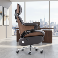 Chaise de bureau électrique ergonomique en cuir de style mid-century modern |   Support dorsal en bois |   Repose-pieds |   Fauteuil inclinable pour la sieste au bureau à domicile