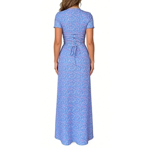 Women's Floral Print Short Sleeve Maxi Dress - <b>Tie</b> <b>Back</b> Bodycon Casual Dresses Fashion - Product Image 5