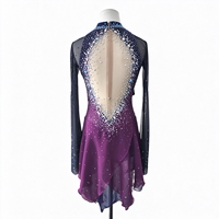 Robe de patinage et de danse pour enfants et adultes, dégradé bleu marine et violet, manches longues en maille, dos découpé avec strass, pour compétition et spectacle de patinage sur glace