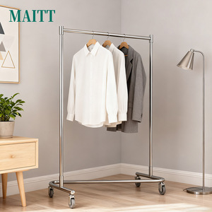 Customizable thickened and reinforced stainless <b>steel</b> hand-push clothes rack, clothes hanger, hotel room mobile clothes - Product Image 2