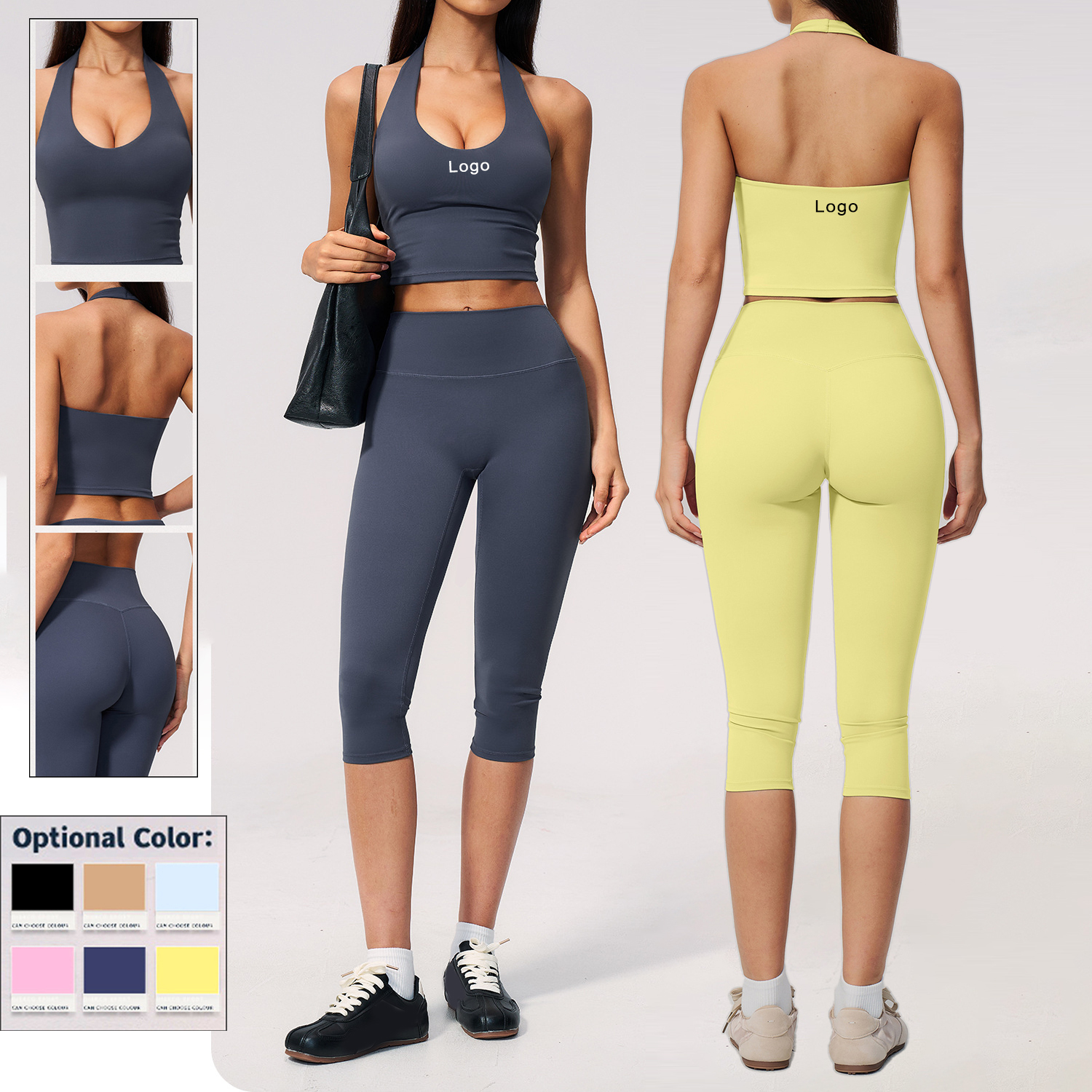 New Womens Solid Yoga Set Quick-Dry 2-Piece Peach-Butt Tight-Fitting Tummy-Tucking Breathable Fitness Running Outdoor Sports