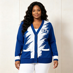 Custom Winter Fashion Homee <strong>Ladies</strong> Full Button Vneck <strong>Cardigan</strong> Sweater <strong>White</strong> Chenille Embroidery Logo Blue Knit <strong>Cardigan</strong> - Product Image 1