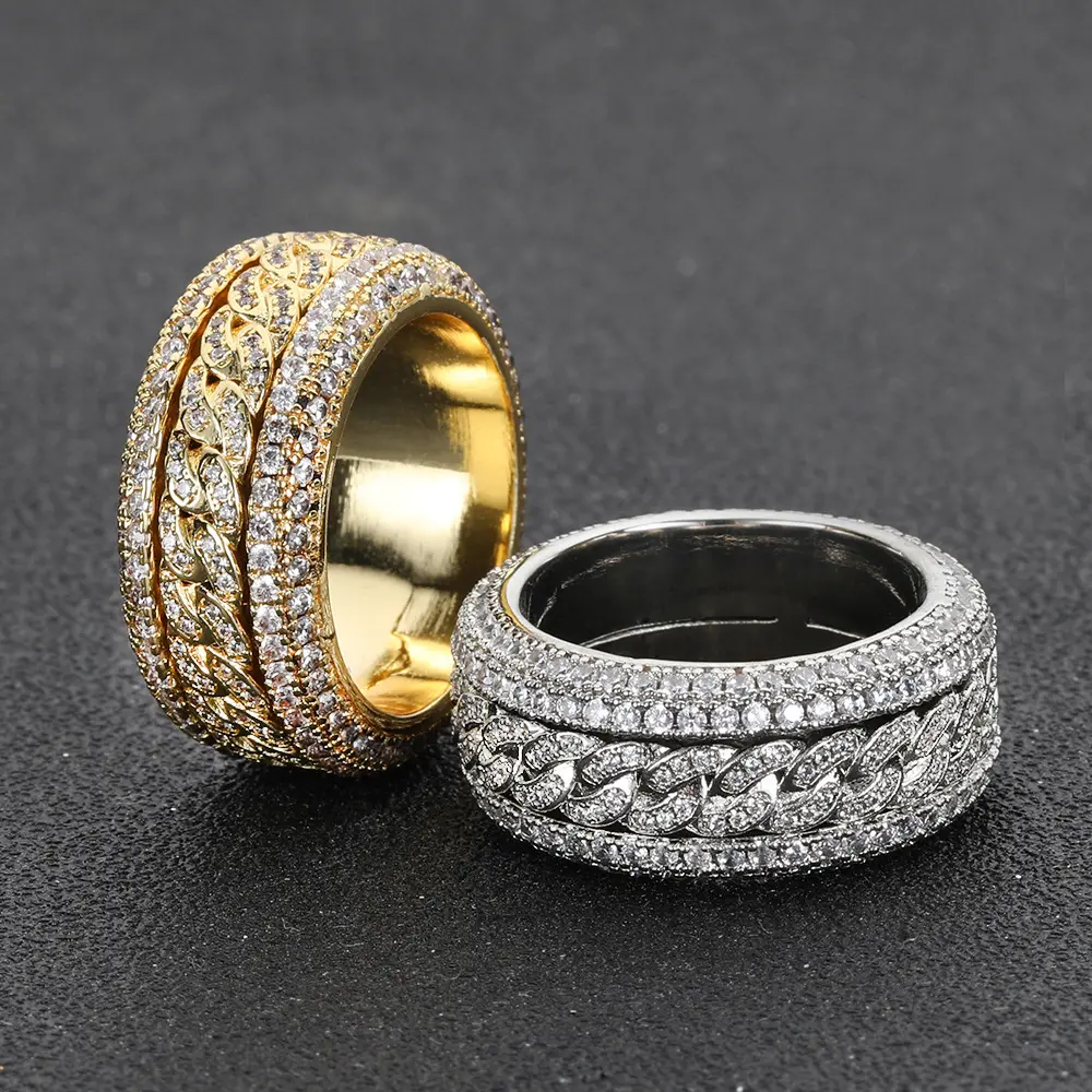 Factory Price 18K Gold Plated Mens Moissanite Bling Diamond Iced Out Cuban Miami Link Rings