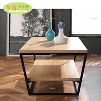 Table basse moderne à double plateau en bois massif de chêne/table d'appoint en fer forgé pour salon